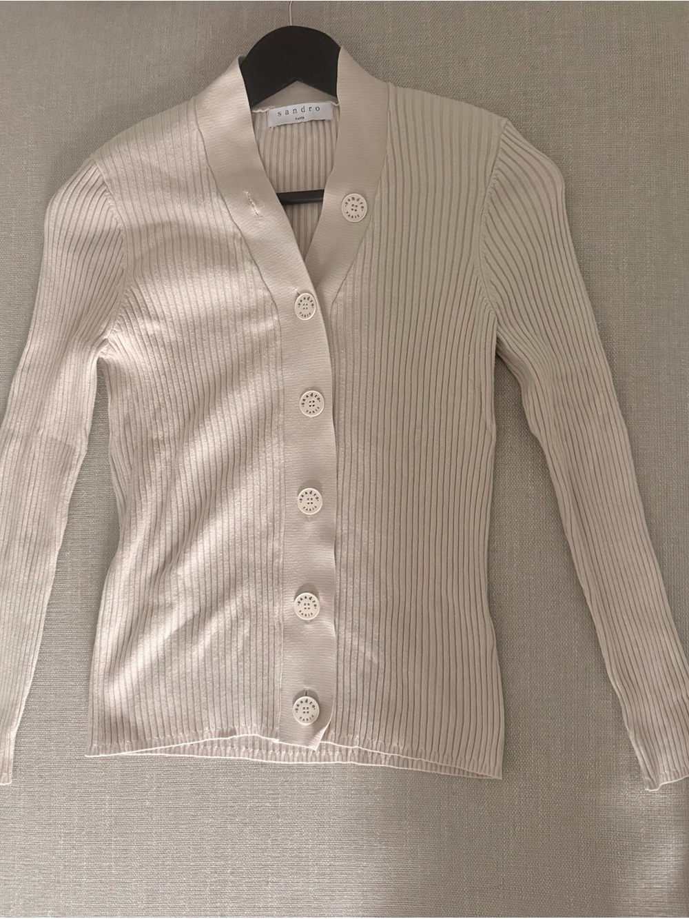 Sandro Cream Ribbed V-Neck Button Cardigan